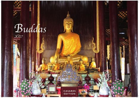 Text: "Buddas 2027", "CASARES EDITION". Eine große goldene Buddha-Statue in einem prachtvollen Tempel, umgeben von Blumen und kleineren Figuren.