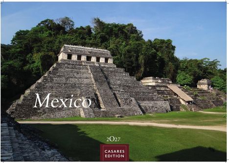 Text: "México", "2027", "CASARES EDITION". Steintempel mit Stufen vor dichtem grünen Wald.
