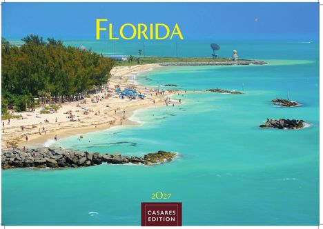 Text: "Florida", "2027", "Casares Edition."  
Szenerie: Strand mit Menschen, blaues Meer, Bäume im Hintergrund.