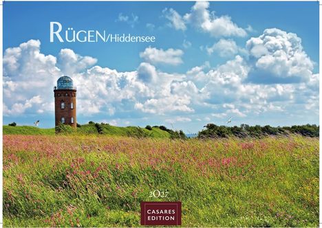 RÜGEN/Hiddensee. 2024. CASAARES EDITION. Ein Backsteinturm auf einer blühenden Wiese unter blauem Himmel mit Wolken.