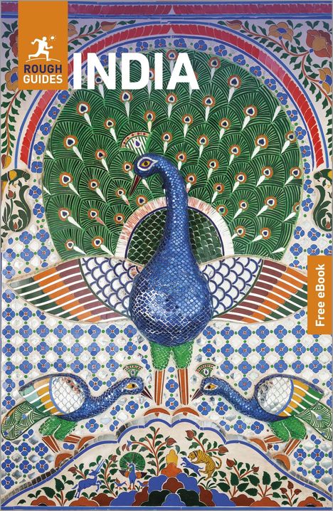 Text: "ROUGH GUIDES INDIA", "Free eBook". 
Illustration: Bunte Pfauen mit prächtigem Federkleid in floralen Mustern.