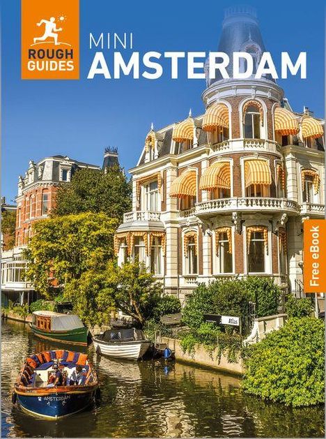 Mini Amsterdam, Free eBook. Ein elegantes Gebäude an einem Kanal unter blauem Himmel, mit einem Boot im Vordergrund.