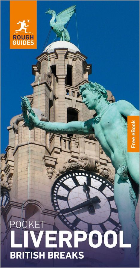 "Rough Guides", "Free eBook", "Pocket Liverpool British Breaks". Oben eine Gebäudespitze mit Skulptur und Uhr.
