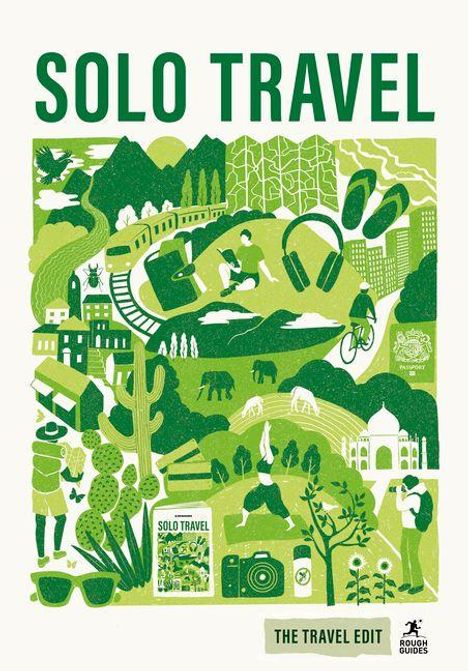 Text: "Solo Travel", "The Travel Edit". Illustration: Reisesymbole, Stadtansichten, Natur, Kamera, Rucksack, Flugzeuge.