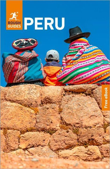 Text: "PERU", "Rough Guides", "Free eBook". Drei Personen in bunter Kleidung und Hüte sitzen auf einer Steinmauer vor blauem Himmel.