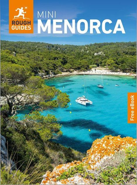 "MINI MENORCA" in großen Buchstaben, oben links ein Logo mit "ROUGH GUIDES". Ein Bild zeigt eine idyllische Bucht auf Menorca.