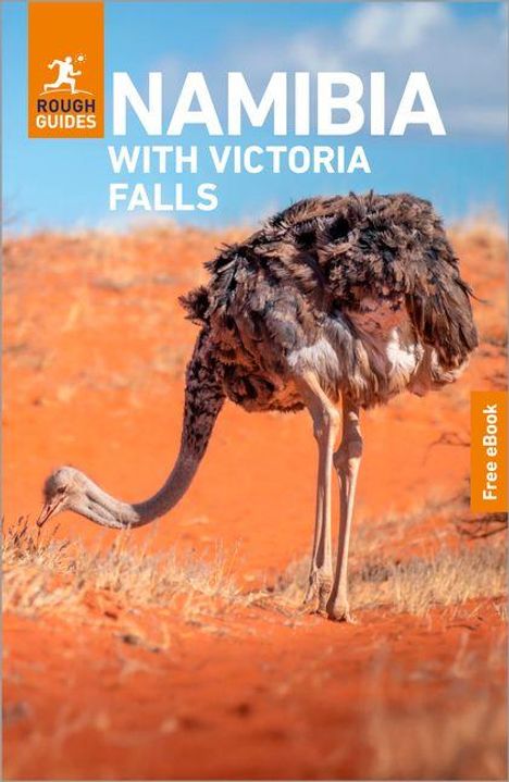 „NAMIBIA WITH VICTORIA FALLS“ und „Free eBook“. Ein Strauß auf rotem Sand, blauer Himmel. Oben ein „Rough Guides“-Logo.