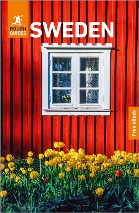 "SWEDEN, Free eBook, Rough Guides." Rotes Holzhaus, Fenster, gelbe Tulpenblumen davor, klare, sonnige Atmosphäre.