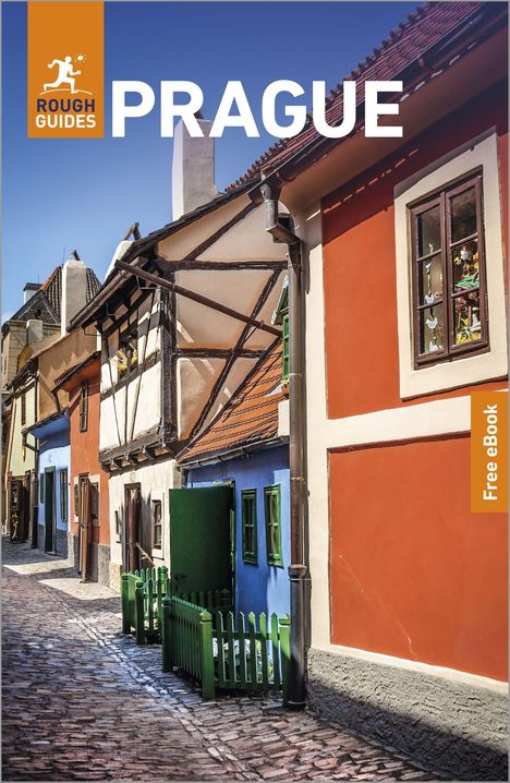 „PRAGUE“ und „Free eBook“ sind hervorgehoben. Eine bunte Straßenansicht mit kleinen, traditionellen Häusern.