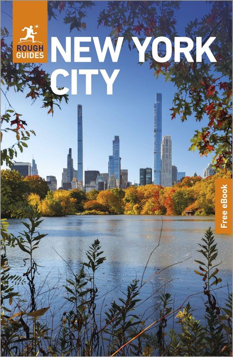 "NEW YORK CITY", "ROUGH GUIDES" mit Logo, "Free eBook". Skyline mit Hochhäusern, Herbstbäume und ein See im Vordergrund.