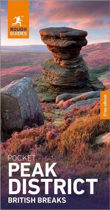 Text: "Pocket Peak District British Breaks." Oberer Bereich: Logo von Rough Guides. Hintergrund: Dramatische Felsformation in Heidelandschaft.