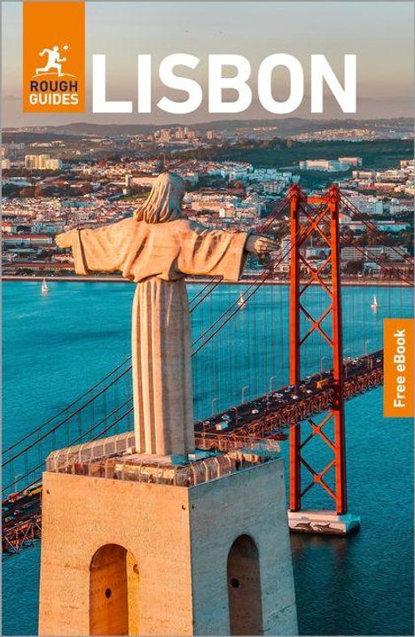 Text: "LISBON", "ROUGH GUIDES", "Free eBook".  
Illustration von einer Statue mit ausgestreckten Armen vor einer Hängebrücke.