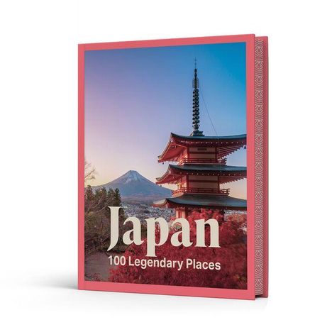 Text: "Japan 100 Legendary Places". 
Ein Foto zeigt eine Pagode vor dem Fuji bei Sonnenuntergang.