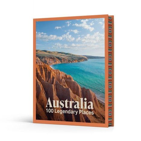 Text: "Australia 100 Legendary Places". Bild: Roter Felsen und türkisfarbenes Meer unter blauem Himmel.