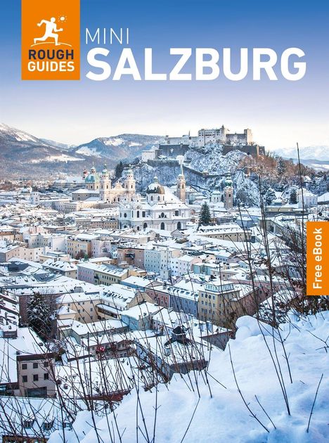 Text: "ROUGH GUIDES MINI SALZBURG" und "Free eBook". Winterlandschaft von Salzburg, verschneite Gebäude und Festung.