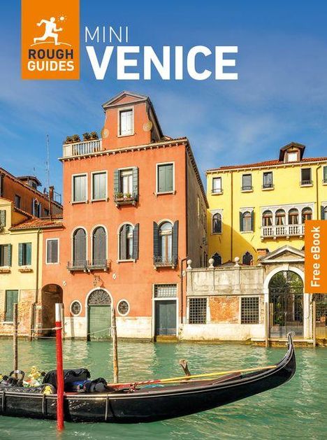 Text: "Rough Guides, MINI VENICE, Free eBook". Eine Gondel im Wasser vor bunten, alten Gebäuden in Venedig.