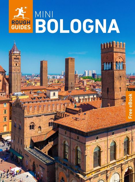 Text: "ROUGH GUIDES MINI BOLOGNA" und "Free eBook". 
Sonnenbeschienene Türme und Gebäude mit roten Dächern.