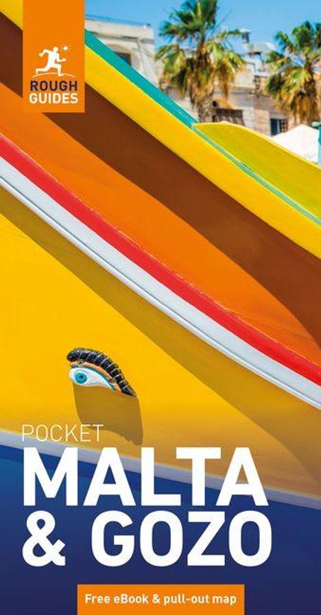 "Pocket Malta & Gozo. Free eBook & pull-out map." Logo oben links. Bunte, traditionell bemalte Bootskurve.