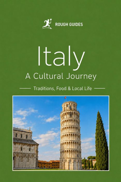 "ITALY IN BLACK & WHITE" steht in großer Schrift auf einem grünen Hintergrund, darunter ein Foto des schiefen Turms von Pisa.