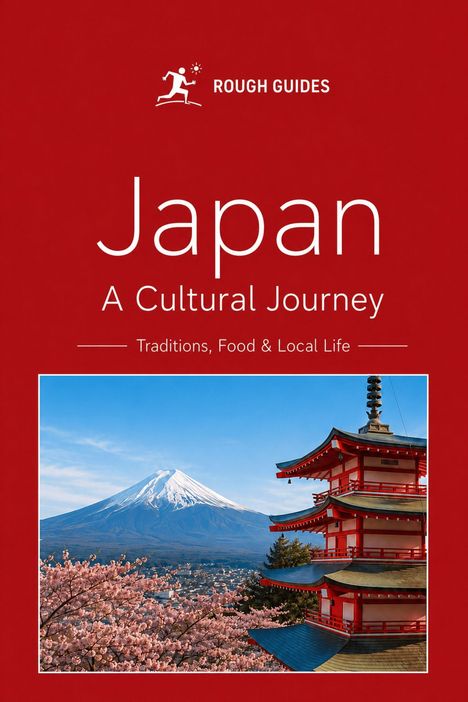 Text: "JAPAN IN BLACK & WHITE" und "Travel Guide to Culture, Food & Local Life". Schwarz-weißes Foto mit Fuji und Pagode.