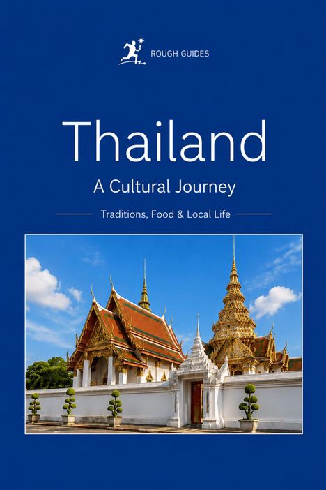 „Thailand: A Cultural Journey. Traditions, Food & Local Life.“ Logo: Eine Person mit Stern. Tempel mit goldenen Dächern.