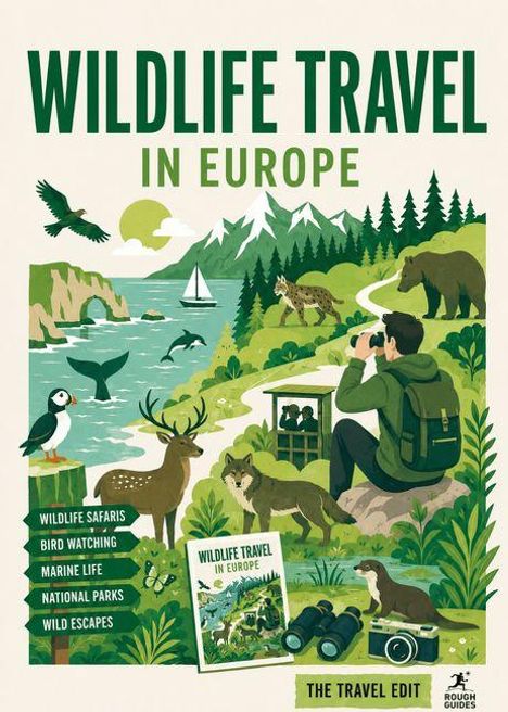 „WILDLIFE TRAVEL IN EUROPE“, Illustration von Natur und Tieren, inkl. Buch, Fernglas und Fotograf.
