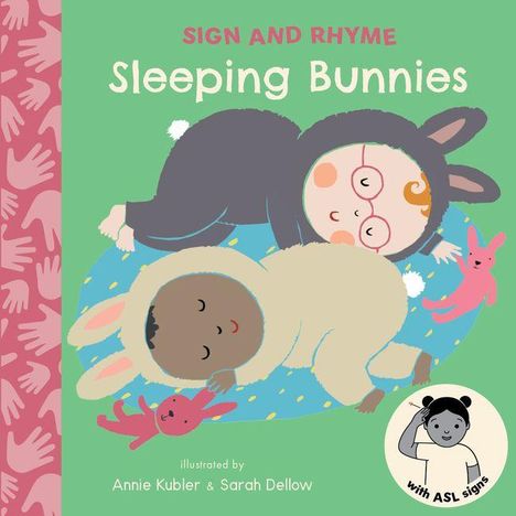 „SIGN AND RHYME: Sleeping Bunnies“ oben; Illustration zeigt zwei Kinder im Hasenkostüm, liegend auf einer Decke.