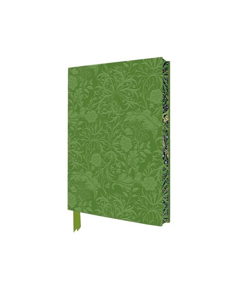 Grünes Notizbuch mit floralen Mustern und einem seitlichen Bücherregal-Design. Ein grünes Lesezeichen ragt heraus.