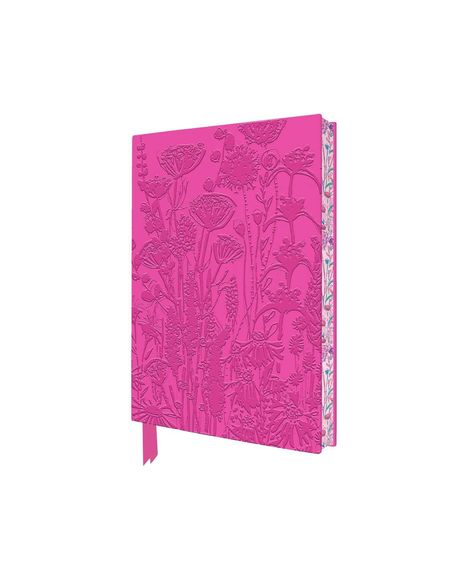 Ein pinkes Notizbuch mit geprägtem Blumenmuster und einem floralen Musterbuchschnitt.