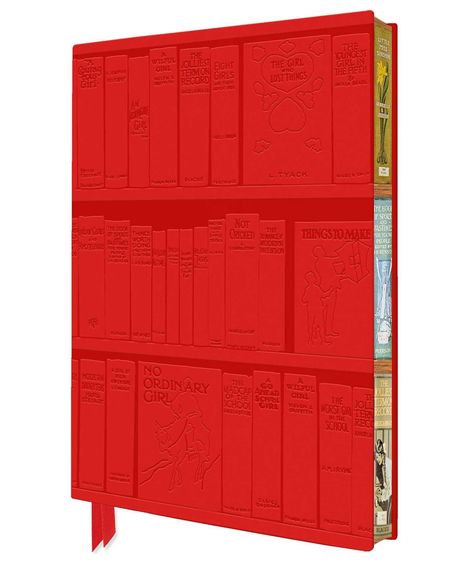 Ein roter, geprägter Buchrücken-Stil mit Titeln wie "The Girl Who Lost Things" und "No Ordinary Girl".