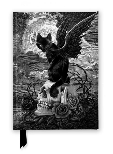Illustration einer schwarzen Katze mit Flügeln auf einem Totenkopf, umgeben von Rosen und Dornen vor einem Vollmond.