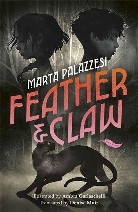 Text: "Marta Palazzesi, Feather & Claw". Silhouetten von zwei Köpfen und ein Panther im Vordergrund mit einer Feder.