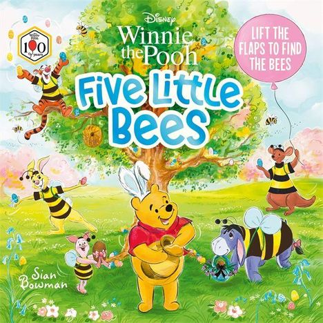 „Winnie the Pooh: Five Little Bees. Lift the flaps to find the bees.“ Illustration von Winnie und Freunden in Bienenkostümen.