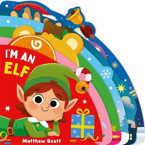 Text: "I'M AN ELF". Illustration eines fröhlichen Elfen in grüner Kleidung, umgeben von bunten, weihnachtlichen Symbolen.