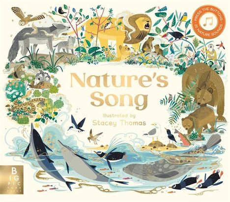 „Nature's Song“, illustriert von Stacey Thomas. Illustration mit Tieren: Löwe, Wölfe, Delfine, Bären, Vögel und Pflanzen.