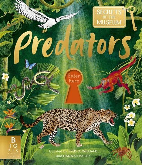 Text: "Predators," "Enter here," "Secrets of the Museum." Dschungel-Szene mit Leopard, Affe, Schlange, Schmetterling, Adler.