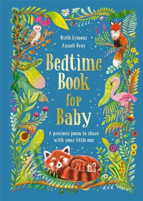 "Bedtime Book for Baby" von Ruth Symons, Anneli Bray. Bunte Illustration von Waldtieren und Pflanzen auf blauem Hintergrund.