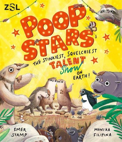 "POOP STARS - The stinkiest, squelchiest talent show on earth." Illustration mit lustigen Tieren auf einer Bühne.