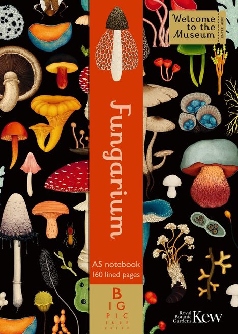 "Fungarium", "Welcome to the Museum", "A5 notebook, 160 lined pages". Illustration von farbenfrohen Pilzen auf schwarzem Hintergrund.