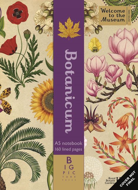 „Welcome to the Museum“, „Botanicum“, „A5 notebook 160 lined pages“. Illustration von bunten botanischen Blumen.
