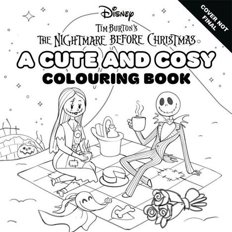 Text: „A Cute and Cosy Colouring Book“. Illustration: Zwei Figuren auf Picknickdecke, lächelnd mit warmen Getränken.
