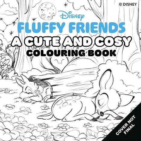 "FLUFFY FRIENDS A CUTE AND COSY COLOURING BOOK." Zwei schlafende Tiere im Wald, einer ist ein Reh, der andere ein Hase.