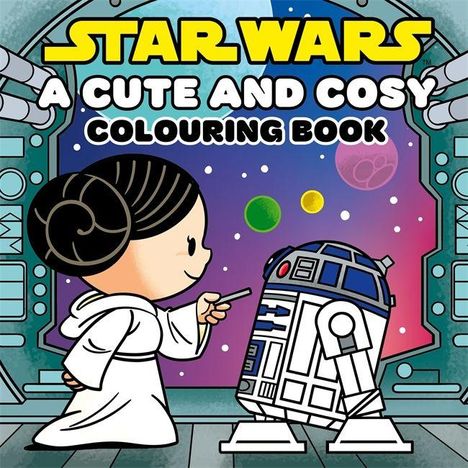 „Star Wars: A Cute and Cosy Colouring Book“. Illustration: Niedliches Mädchen zeigt fröhlich auf einen Roboter im Weltraum.