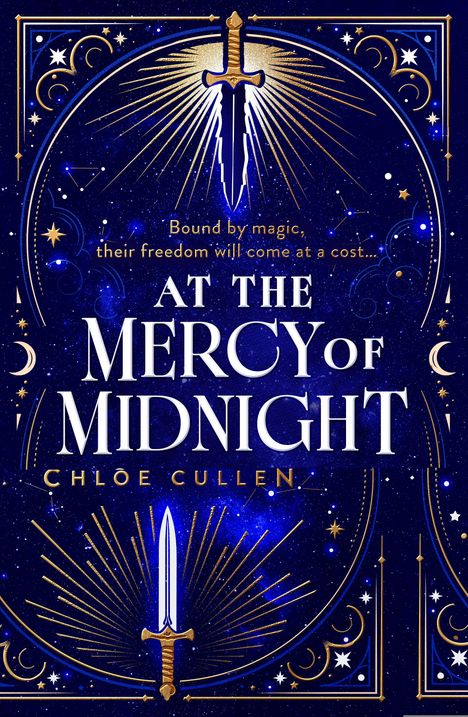 Textausschnitt: "Bound by magic, their freedom will come at a cost... AT THE MERCY OF MIDNIGHT CHLOE CULLEN." Design: Blau, mit Schwert und Sternen.