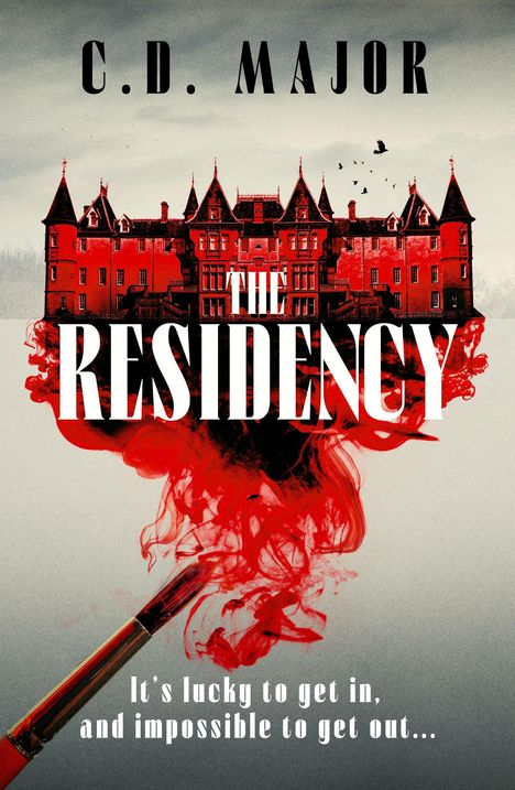 „C.D. Major, The Residency“ steht oben. „It's lucky to get in, and impossible to get out…“ unten. Illustration: Ein rotes Gebäude.