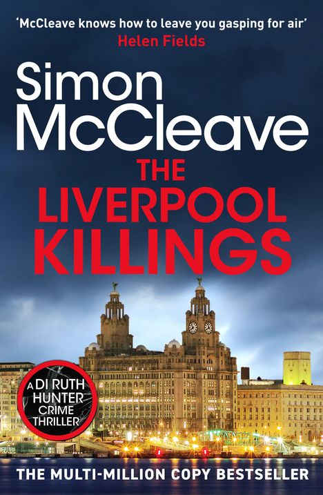 „The Liverpool Killings“ von Simon McCleave. Skyline von Liverpool bei Nacht, hell erleuchtete Gebäude.
