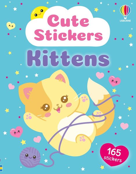 Text: "Cute Stickers Kittens", "165 stickers". Illustration: Verspieltes Kätzchen mit Wolle auf blauem Hintergrund, Herzen und Sterne.
