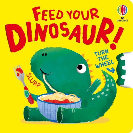 "Feed Your Dinosaur!", "Turn the Wheel". Ein grüner Dinosaurier isst Nudeln aus einer Schüssel mit einem Lächeln.