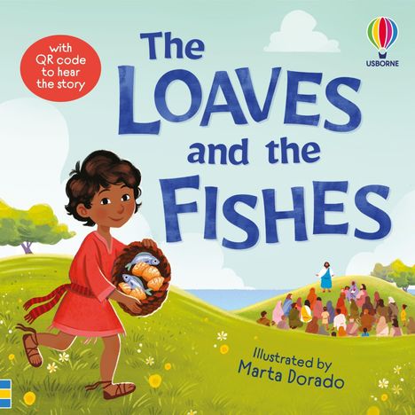 "The Loaves and the Fishes" steht groß und blau in einer Illustration mit Kind, Broten und Fischen auf hügeliger Wiese.