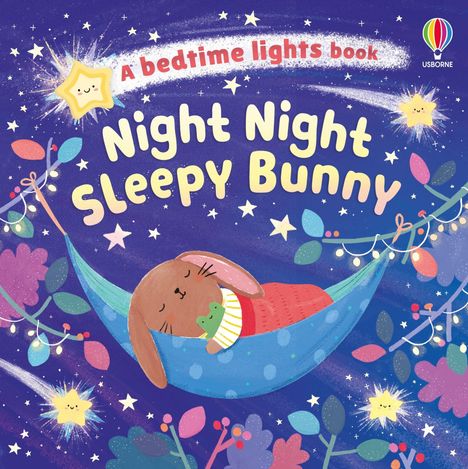 Text: "Night Night Sleepy Bunny", "A bedtime lights book". Illustration: Ein Hase schläft in einer Hängematte.